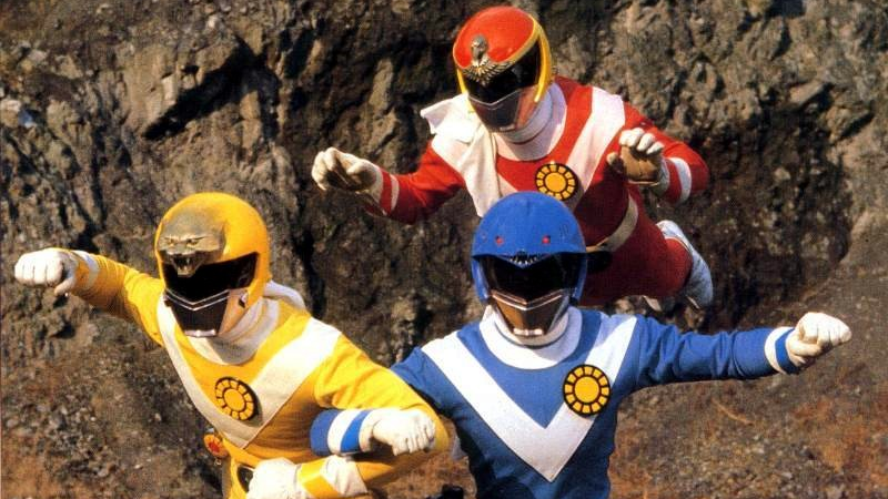 The three heroes of Sun Vulcan: Red VulEagle Ryuusuke, Blue VulShark Kin’ya, and Yellow VulPanther, Asao.